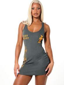 SUMWON WOMEN Ribbed Tank Mini Dress With Gothic Cross Print Yellow Lettering Scoop Neck Bodycon Fit Street Style Fashion - Grey - View 1