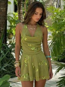 Aloruh 女士春夏新款绿色垂褶领摆裙连衣裙，迷你连衣裙，魅力派对亮片连衣裙，约会连衣裙，下午茶连衣裙 - 綠色 - 查看 11