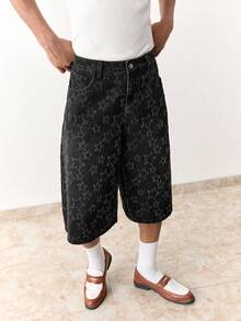 SWAVVY Men's Casual Star Jacquard Denim Shorts, Summer - Black - View 5