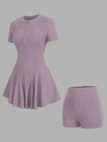 CourtClass CourtClass Women's Solid Color Round Neck Casual Daily Sports Dress And Shorts Set Pirple Dress For Women - Purple - View 7