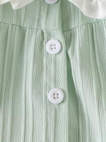 SHEIN 新生儿可爱彼得潘领泡泡袖纹理面料绿色公主裙，适合春夏外出，甜美公主风，适合度假和派对 - 綠色 - 查看 5