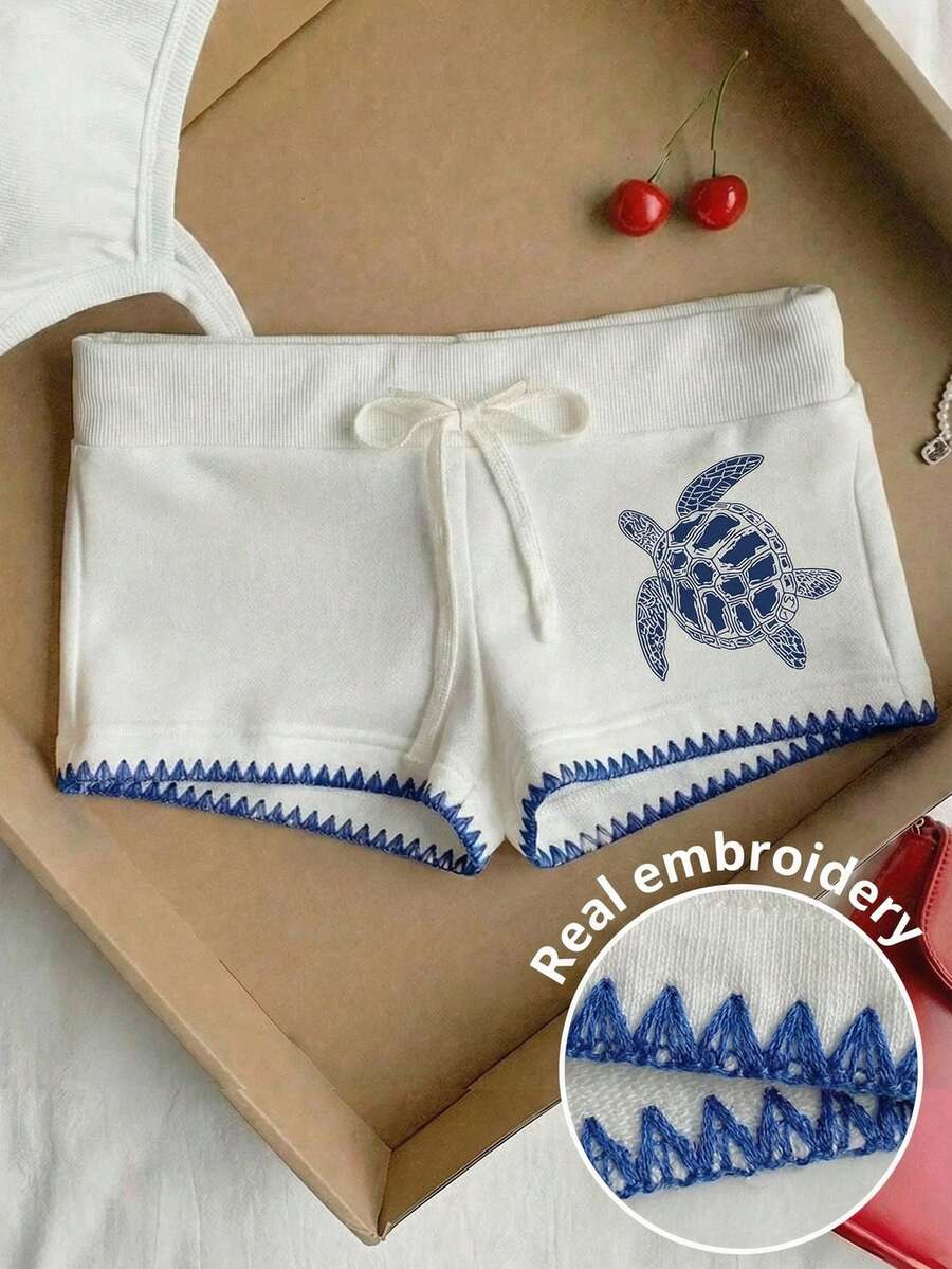 SHEIN EZwear 休闲简约蓝色防起球刺绣饰边海龟印花抽绳腰修身短裤，花卉印花，适合夏季、度假、海滩派对 - 白色 - 查看 1