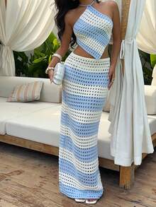 Sunnyshic Bộ đồ nữ gợi cảm thời trang đi biển, áo hai dây và chân váy maxi kẻ sọc xanh trắng nhiều màu sắc, áo len dệt kim 2 mảnh, thích hợp cho mùa hè. - Nhiều màu - Xem 7