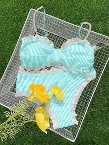 Swim Mod Nuevo conjunto de tankini de traje de baño con volantes de encaje y rayas dulces - verde menta - Ver 5