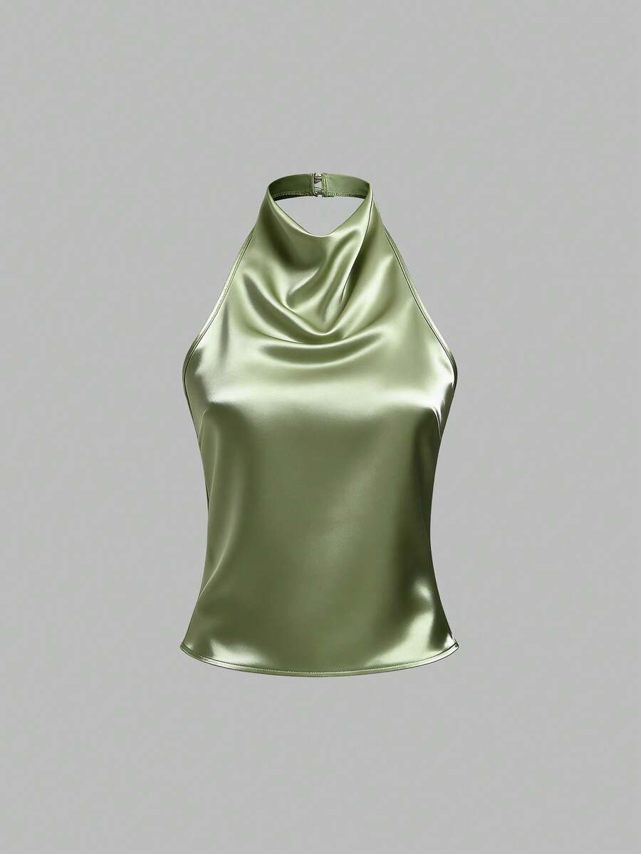 Sweetra Backless Tie-Up Solid Color Fitted Camisole - Army Green - View 1