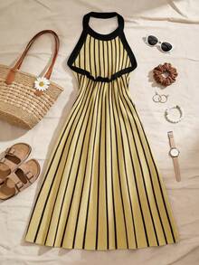 Franclia 女士条纹吊带优雅束腰针织连衣裙，适合派对和旅行穿着。 - 鵝黃色 - 查看 2
