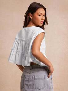 WESTFADE Blusa texturizada listrada com gola redonda, mangas curtas e babados em camadas, ideal para a volta às aulas. Roupa fofa para o outono, estilo country e verão. - Azul e branco - Ver 2