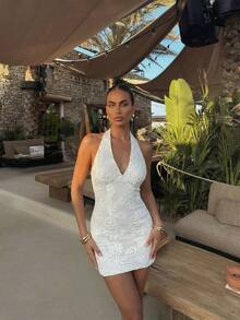 Firerie Women's Spring/Summer New Ivory Knit Embroidered Romantic V-Neck Textured Backless Halter Mini Dress, Elegant Date Night Outfit,Summer Dresses For Women - Beige - View 7