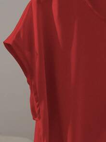 Franclia 优雅短袖圆领荷叶边领结组合卡其色女式衬衫，春夏 - 紅色 - 查看 6