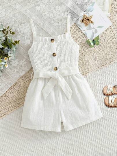 SHEIN Genkimix Kids Spring/Summer New Girls Young Casual Vacation Pure Cotton Cute Ruffled Strap Waist Tie Bow Button Jumpsuit