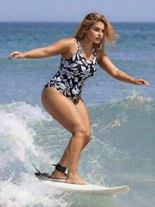 Swim SPRTY 2026 New Plus Size Floral Print One-Piece Swimsuit,Cross Back Full Coverage Bathing Suit For Women,Black Summer Boho Beach Holiday Vacation Outfit - Multicolor - View 3