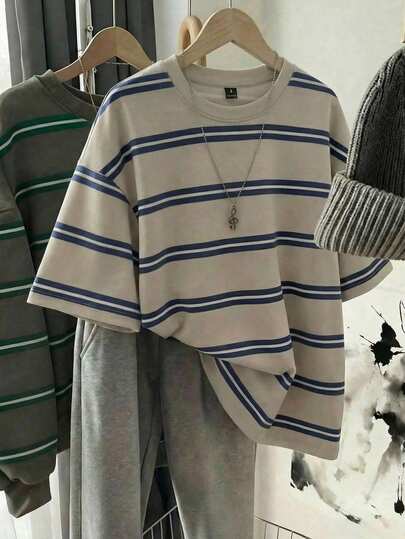 Comfortcana Women's Plus Size Korean Fashion Blue And White Striped Round Neck T-Shirt,Summer Casual School Top,Elegant Versatile Y2K Style For Daily Commute