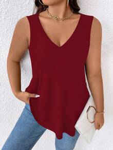 Breezaya 大码女式V领休闲纯色百搭日常上衣 - 酒紅色 - 查看 3