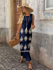 Brillora 女士休闲圆领长连衣裙，适合派对和外出穿着 - 藏蓝色 - 查看 5