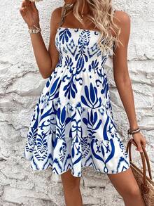 Hotletica 女士植物印花聚攏肩帶長裙 - 藍白色 - 查看 5