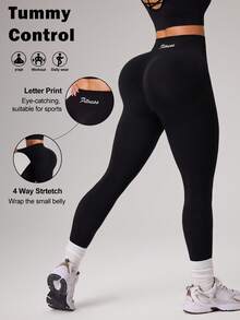 Dewbera Quần legging nữ in chữ, cạp cao, kiểu dáng thường ngày, đa năng, thích hợp cho tập thể dục và thể thao. - màu đen - Xem 1