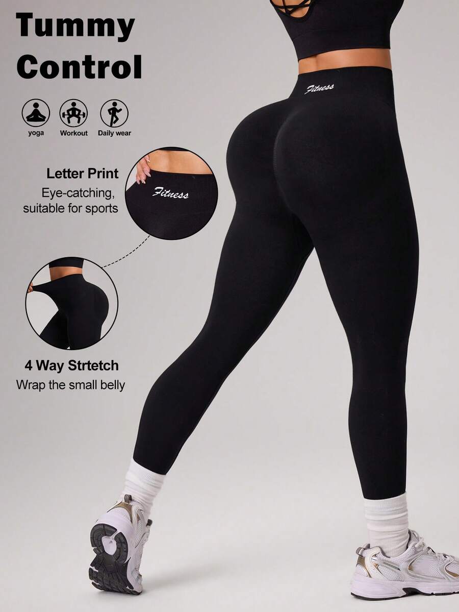 Dewbera Quần legging nữ in chữ, cạp cao, kiểu dáng thường ngày, đa năng, thích hợp cho tập thể dục và thể thao. - màu đen - Xem 1