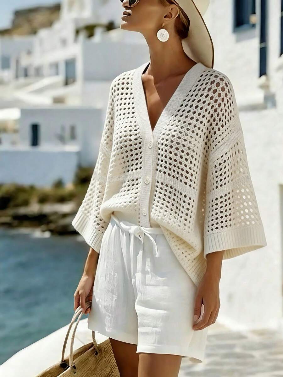 Balvessa Áo khoác cardigan nữ mỏng, không tay, cổ chữ V, chất liệu lưới rỗng, cài một hàng cúc, dáng rộng, thoải mái, thích hợp mặc thường ngày. - Màu be - Xem 1