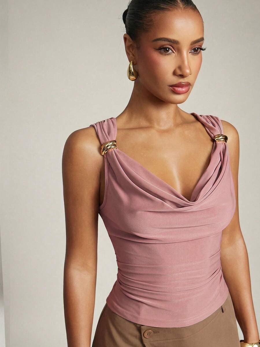 Hauture Blusa básica casual de oficina para mujer con hombros fruncidos y decoración dorada en cuello de cowl - Rosa vieja - Ver 1