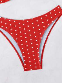 Swim Basics 女士黑白波点印花扭结系带比基尼套装，休闲度假款 - 紅色 - 查看 4