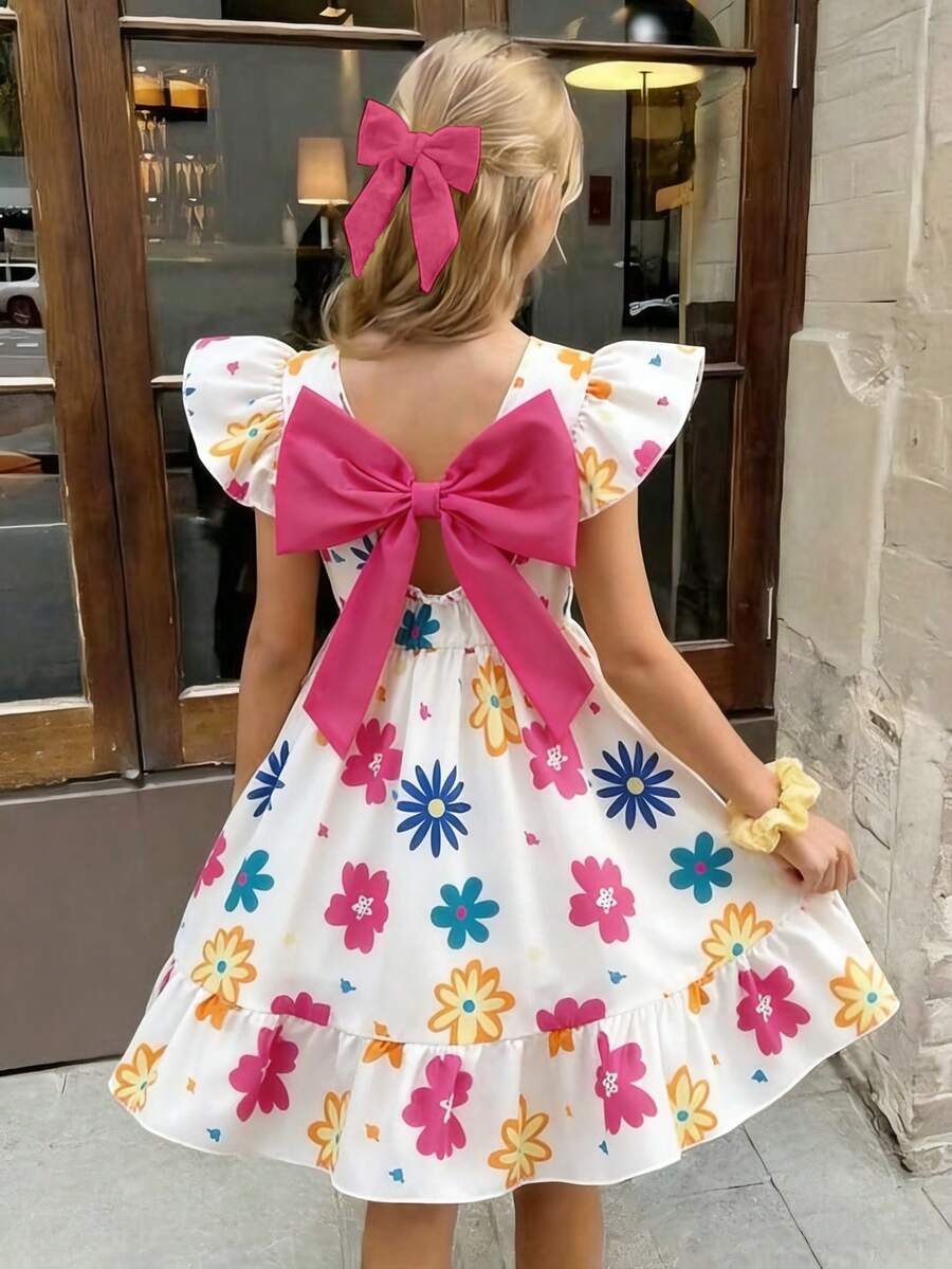 SHEIN Elladie kids 女童优雅印花圆领喇叭袖露背蝴蝶结装饰腰部荷叶边下摆休闲时尚连衣裙,适合度假旅行,夏季穿着 - 白色 - 查看 1