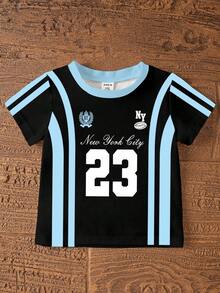 SHEIN Baby Girls 2-Piece Set, Colorblock Striped, Letter & Number 23 Print Loose Round Neck Short Sleeve T-Shirt And Matching Fitted Bike Shorts Set, Suitable For Spring/Summer, Casual, Weekend, Cute Summer Outfit For Baby Girls, Korean Style, Summer Outerwear, Baby Girls Summer Clothes, Baby Girls Sports Set - Multicolor - View 7