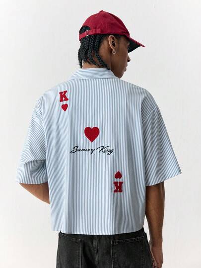 SWAVVY Men's Casual Reversible Collar Single-Breasted Letter & Heart Pattern Short Sleeve Shirt, Red Heart King Pattern T-Shirt, Sumwon Poker Shirt, Gambling Shirt, Street Card Shirt
