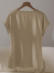 Franclia Elegant Short Sleeve Round Neck Ruffle Tie Bow Blouse, Khaki Color, Spring/Summer For Women - Khaki - View 2