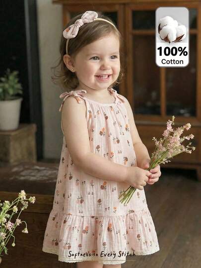 Cozy Pixies Đầm hai dây dệt kim mềm mại in hoa cho bé gái