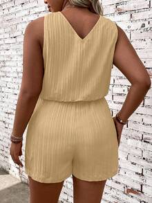 EMERY ROSE Plus Size Women V-Neck Solid Color Casual Everyday Romper - Brown - View 2