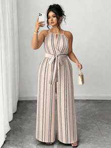 SHEIN Elenzya Plus Size Elegant Casual Striped Waist Jumpsuit, Suitable For Commuting, Spring/Summer Women Vacation Outfit Sets Women's Summer Outfits Women's Summer 2 Pieces Sets Women Outfits Sets - Apricot - View 1