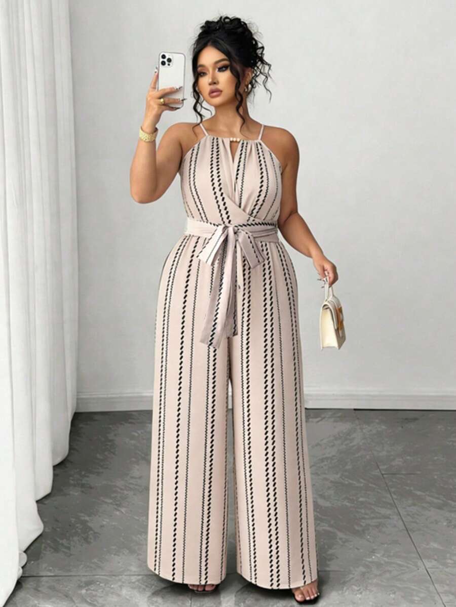 SHEIN Elenzya Plus Size Elegant Casual Striped Waist Jumpsuit, Suitable For Commuting, Spring/Summer Women Vacation Outfit Sets Women's Summer Outfits Women's Summer 2 Pieces Sets Women Outfits Sets - Apricot - View 1