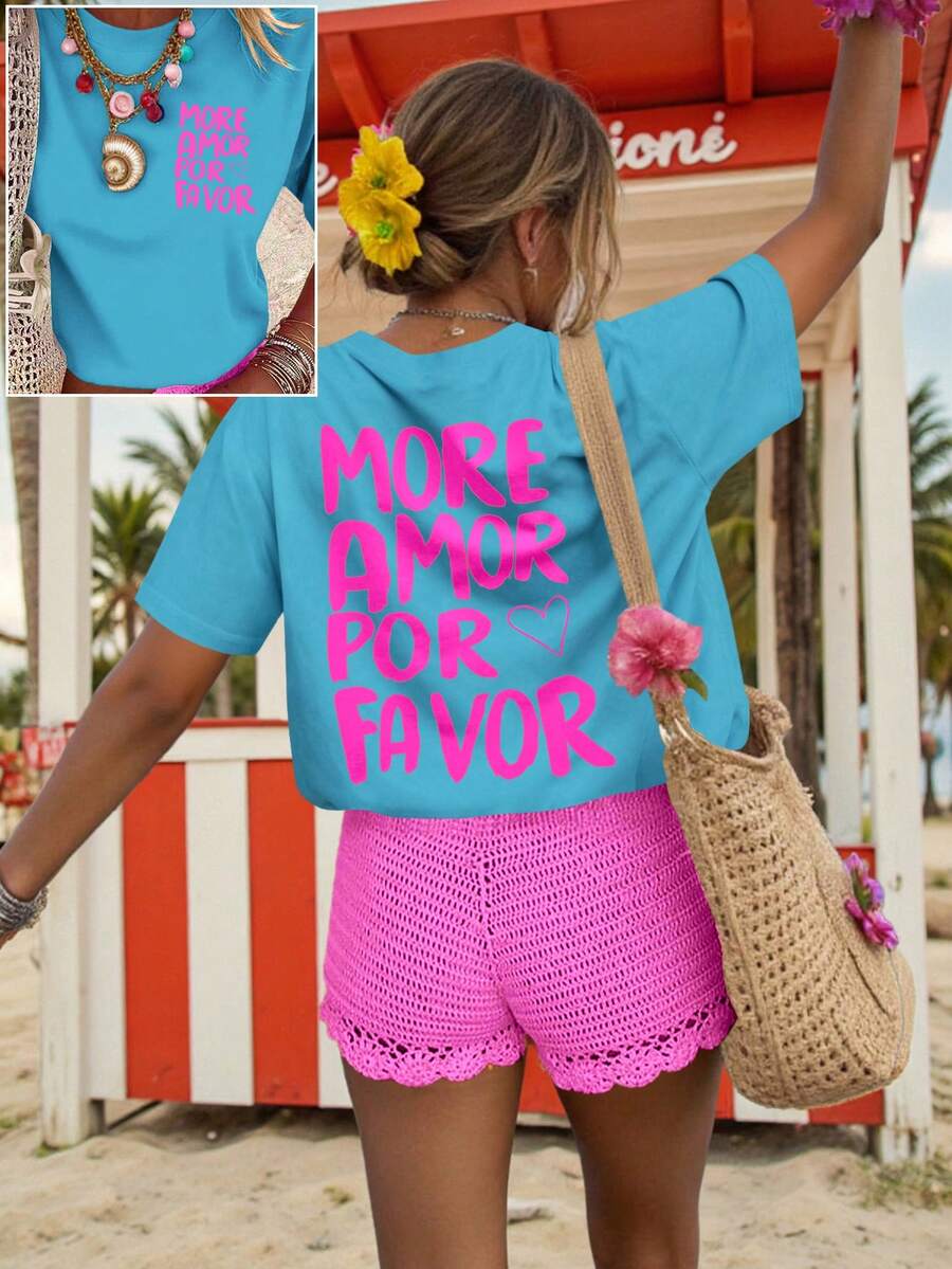 SHEIN LUNE 女士印花T恤，休闲街头风短袖T恤，可爱夏季上衣，女士度假套装，夏季女士T恤，夏季女装，夏季上衣 - 綠色 - 查看 1