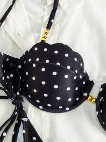 Bonvoyette Bộ bikini cúp ngực họa tiết chấm bi đen trắng gợi cảm cho kỳ nghỉ hè - Đen và trắng - Xem 6