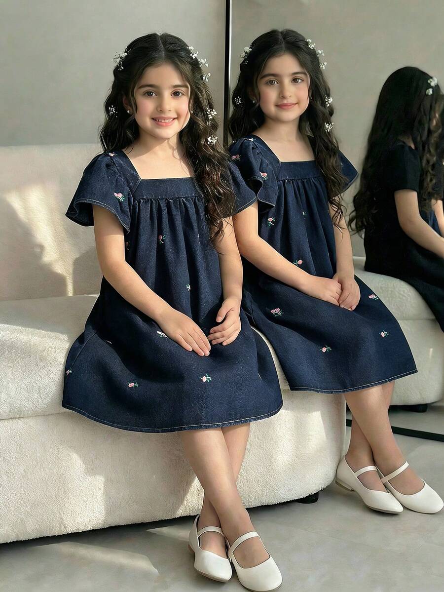 Elladie kids 少女休闲优雅牛仔连衣裙，柔美花卉图案设计，泡泡袖 - 深色水洗藍 - 查看 1