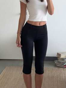 Firerie 女士优雅纯黑色高腰打底裤，针织修身九分裤，百搭黑色高腰打底裤，适合春季、夏季及所有季节 - 黑色 - 查看 3