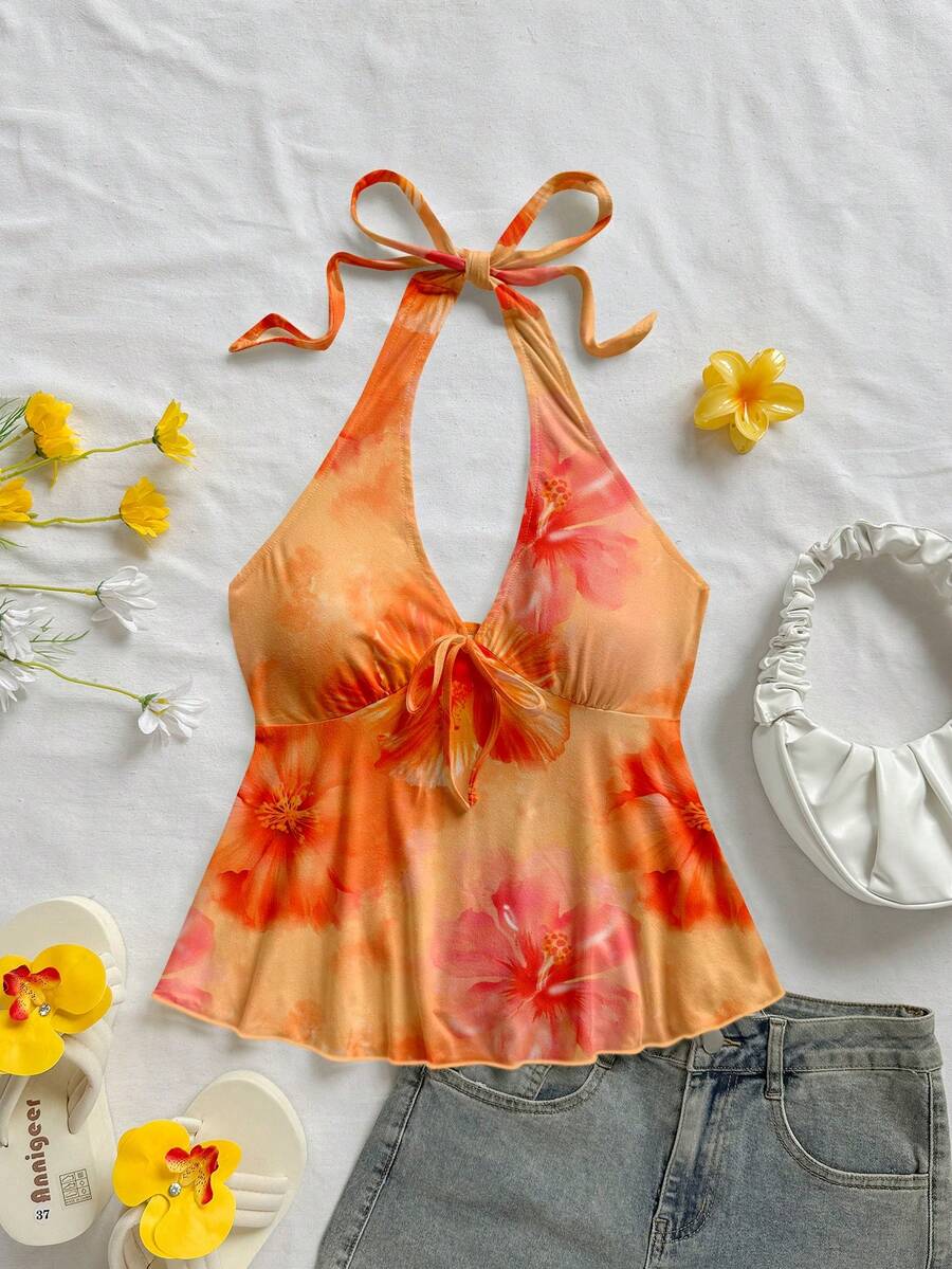 Soleia Blusa de tirantes con cuello halter, fruncida y con estampado floral, para vacaciones y uso casual - Multicolor - Ver 1