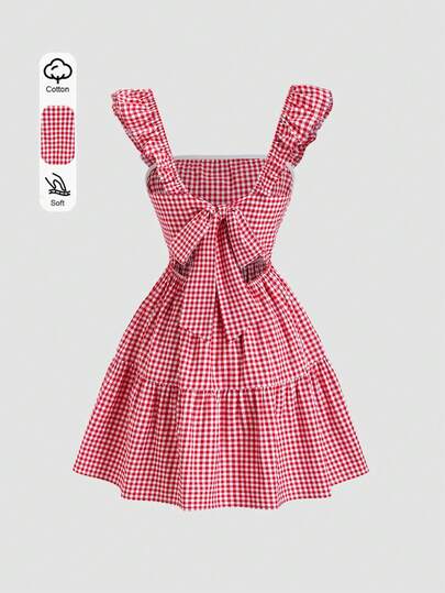 Sweetra American College Style Red Retro Plaid Cap Sleeve Backless Tie Design Fitted Slim Summer Minimalist Pure Girly Casual Mini Dress For Women