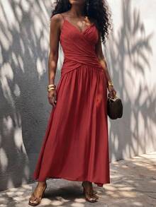 Zivah Vestido de línea A con cuello en V, fruncido, con tirantes ajustables, cremallera invisible y bolsillos laterales, ideal para festivales de música, Pascua, estilo occidental, nómada, fiesta de cumpleaños, graduación y estilo bohemio, nueva colección primavera 2025 - Rojo - Ver 5