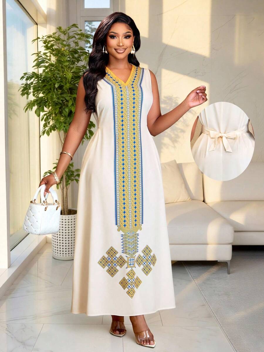 Brilight Đầm nữ thanh lịch mùa xuân/hè, thích hợp cho tiệc tùng, kỳ nghỉ, trang phục hàng ngày, hẹn hò, v.v. Đầm dài ôm sát không tay với họa tiết hình học. Đầm mùa hè. - Màu be - Xem 1