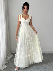 Elenzga 女士吊带系带收腰A字优雅浪漫精致蕾丝连衣裙 - 杏色 - 查看 6