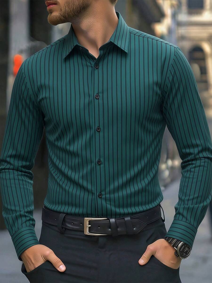 Manfinity Mode 男士商务休闲长袖条纹衬衫 - 墨綠色 - 查看 1