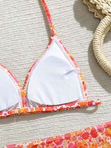 SHEIN 少女碎花比基尼套装，可爱紫色/橙色/蓝色彩色泳装，针织面料挂脖露背可调节肩带，三件式泳衣搭配印花网纱裙，时尚休闲优雅泳装，适合游泳、海滩、夏季度假 - 彩色 - 查看 5