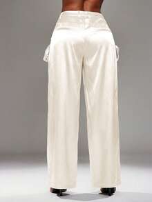 NYA SZN Pant High Rise Cargo Pocket Wide Leg Flowy Loose Summer Fall Satin Brown Business Casual Event Special Occasion Luxury Outfits For Women - White - View 7