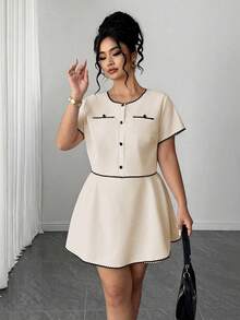 Elenzga Plus Size Summer Elegant Commuter Color Block Trim Shirt And Skirt 2 Pieces Set - Apricot - View 4