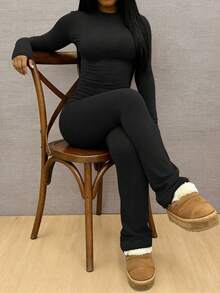 INAWLY Solva 2pcs Women's Casual Everyday Commute Simple Solid Color Long Sleeve Cropped T-Shirt And Flare Leg Pants Set, Spring/Autumn - Black - View 3