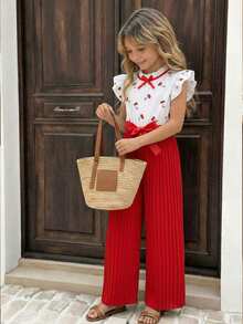 SHEIN Elladie kids 一套女童夏季时尚碎花短袖樱桃印花上衣搭配红色阔腿裤，适合春夏外出、度假、购物。 - 紅色 - 查看 9