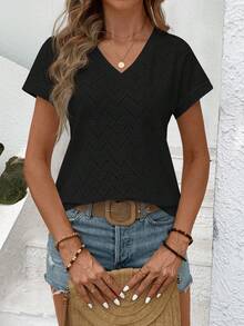 SHEIN LUNE 女士纯色V领休闲百搭日常短袖T恤 - 黑色 - 查看 1