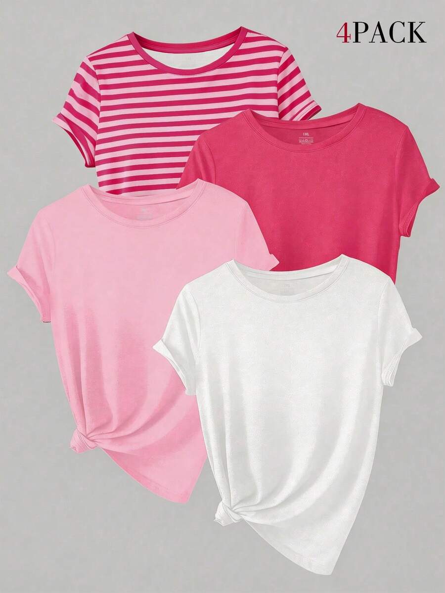 EMERY ROSE Bộ 4 áo thun nữ cỡ lớn tay ngắn cổ tròn kiểu dáng thường ngày mùa hè - trắng - Xem 1
