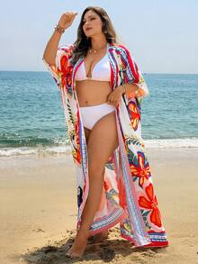 Swim Lushoire Plus Size Women Leaf Print Split Design Casual Vacation Kimono Robe - Multicolor - View 5